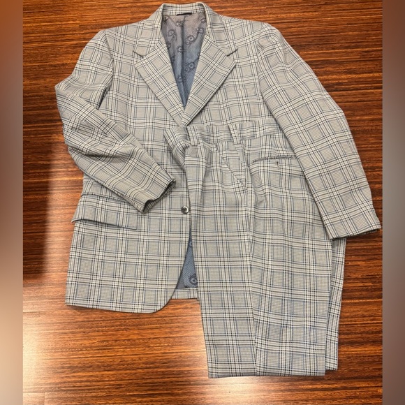 Vintage Sears The Travelknit polyester leisure suit in light blue plaid